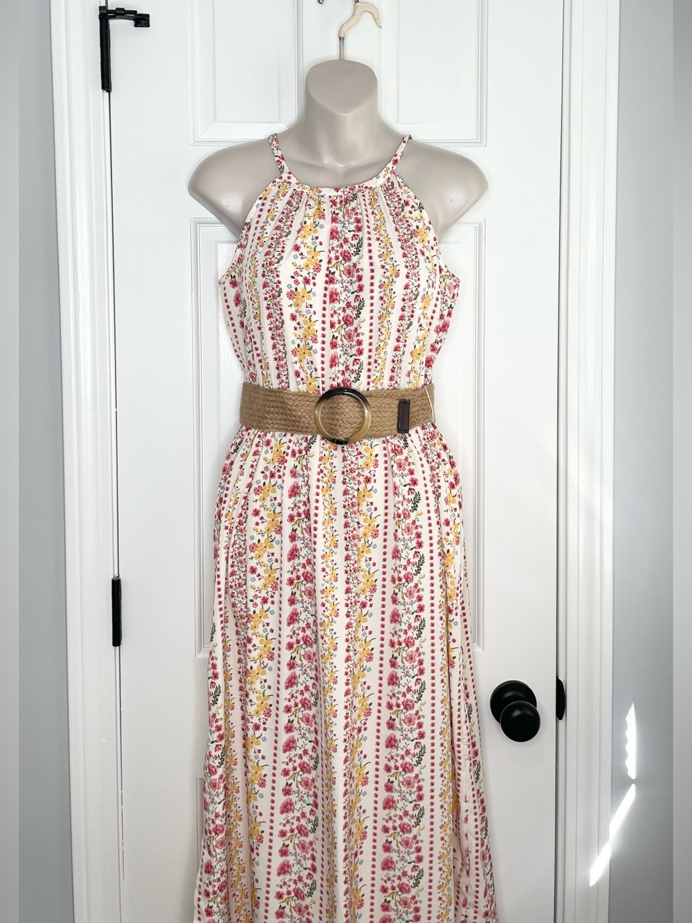 Floral Stripe Halter Midi Dress in Cream and Pink